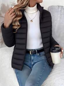 Women's Spring Slim-Fit Warm Solid Color Jacket - Elegant, Made Of Padded Polyester Fiber Material - Short Jacket Black - Black - View 1