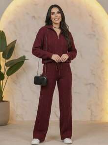 Knitted Set With Zippered Blouse And Pants. - Red - View 1