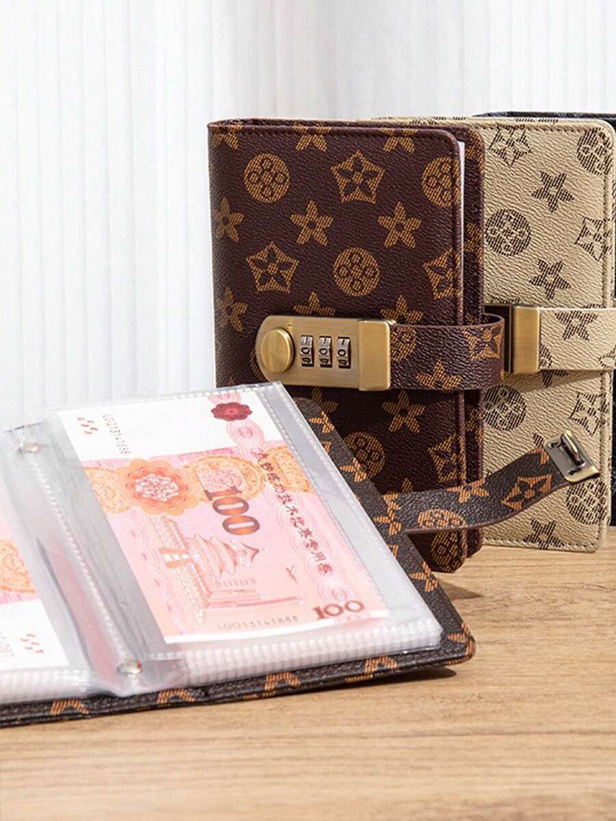 1pc Cash Storage Book, Holds Up To 100 Bills, A6 Size, Password Lock Design, PU Leather, Vintage Classic Print, Rectangular, With Transparent PVC Inner Pocket - A - View 1