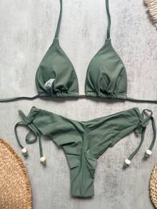 Solid Color Bikini Made Of Fabric Summer Vacation Beach - Army Green - View 2