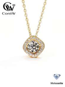 ConiiW A Classic Square-Shaped, Stylish Unisex Necklace Made Of 925 Sterling Silver And 1 Carat Moissanite, Perfect For Vacations, Parties, Or As A Gift. - Gold - View 2