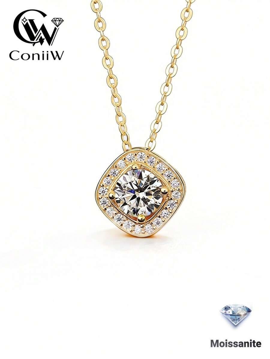 ConiiW A Classic Square-Shaped, Stylish Unisex Necklace Made Of 925 Sterling Silver And 1 Carat Moissanite, Perfect For Vacations, Parties, Or As A Gift.