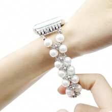 1pc Women Girls Double Row Pearl & Rhinestone Inlaid Beaded Watch Band Compatible With Apple Watch 38/40/41/44/45/49/42/46mm, Compatible With I-Watch Series 11/SE3/Ultra3/Ultra/SE/SE2/10/9/8/7/6/5/4/3/2/1, Handmade Elastic Smart Watch Band - Rose Gold - View 4