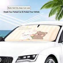 1pc Cute Bear & Rabbit Car Sun Shade, Universal Summer Car Sun Visor, Heat Insulation & UV Protection, Double Ring Front Windshield Sunshade - One Size Fits All - View 3