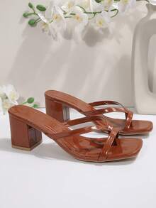 New Plus Size Women's Comfortable Minimalist Square Toe Open Toe One-Strap High Heel Sandals Slippers Casual Fashion Outdoor Beach Summer Shoes - Brown - View 4