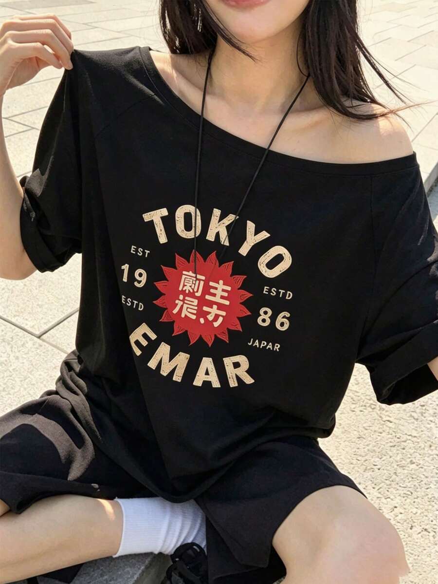 夏季波希米亞風女款露肩短袖T恤,東京日本圖案印花,休閒寬鬆版型上衣 - 黑色 - 查看 1