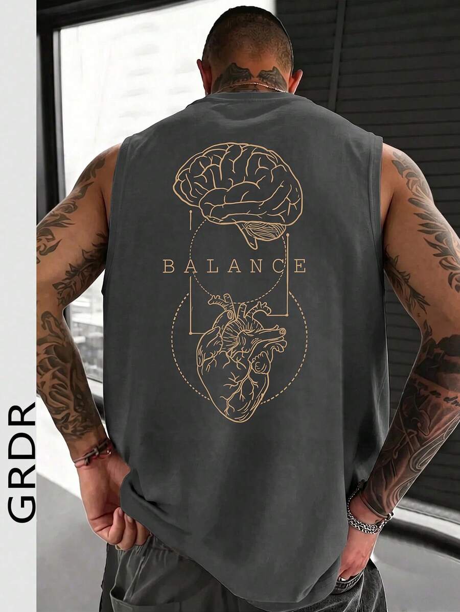 Áo tank top nam GRDR cổ tròn in họa tiết mùa hè, kiểu dáng thường ngày. - Màu xám đen - Xem 1