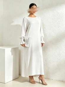 Arabian Style Women's Long Robe Dress, Solid Color Long Sleeve Plus Size Robe, Elastic Cuffs, Conservative Casual Loose Kaftan, Islamic Muslim Dubai Abaya - Multicolor - View 17