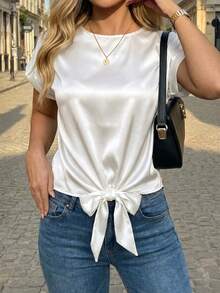 Women's Round Neck Short Sleeve Crop Top, Asymmetric Hem, Silk-Like Fabric White Summer - White - View 1