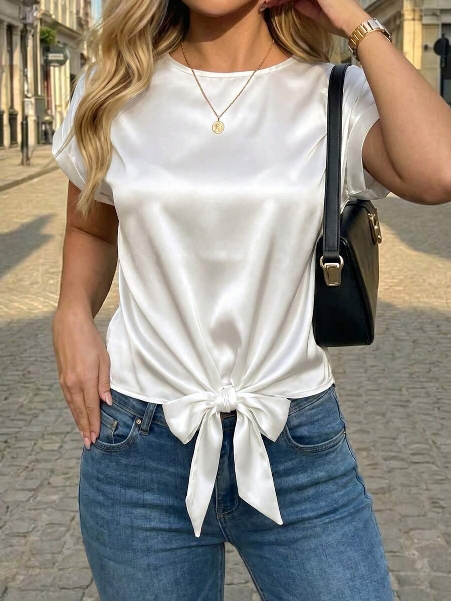 Women's Round Neck Short Sleeve Crop Top, Asymmetric Hem, Silk-Like Fabric White Summer - White - View 1
