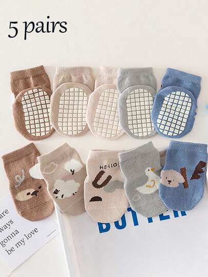 5 Pairs 0-6 Years Old Baby Non-Slip Grip Floor Socks, Spring Summer Autumn Cute Cartoon Animal Pattern Infant Toddler Socks, Baby Girl Baby Boy Socks
