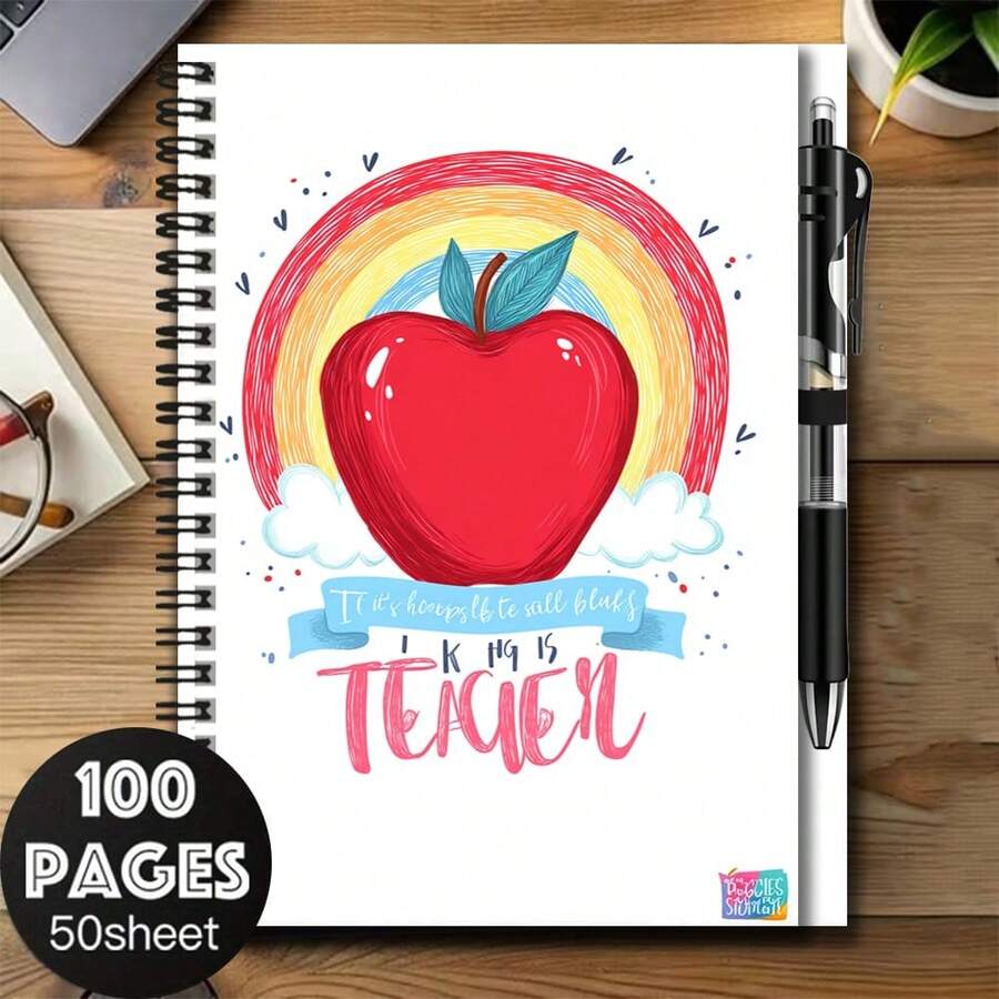1 Set Creative Rainbow Apple Pattern Spiral Coil Notebook With Pen, Great Helper For Work And Study, Record Inspiration And Daily Life, Graduation Gift, Birthday Gift, Suitable For Diary, Daily Planning, Memo, 100 Pages, Start Your New Writing Experience - H+ a Pen - View 1