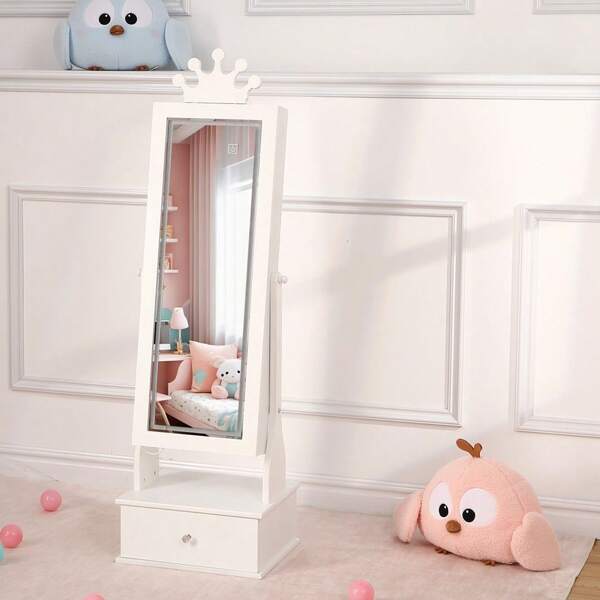 Armario joyero infantil independiente con espejo de cuerpo entero de 117 cm, luz LED, inclinación ajustable y 3 cajones de almacenamiento – Tocador organizador de joyas para niñas