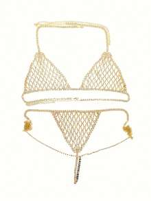 Sexy Mesh Rhinestone Bikini Set, Bling Crystal Embellished Bra And Shorts For Nightclub, Evening Party And Dance - Golden - View 4