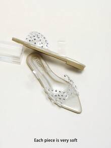 Rhinestone-Embellished Clear Strap Pointed Toe Flat Slide Sandals - Gold - View 6