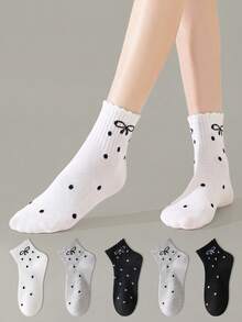 ZUJO 4 Pairs Women's Polka Dot Bow Pattern Lace Trim Mid-Calf Socks, Soft And Breathable, Suitable For All-Season Daily Wear, Random Color - Multicolor - View 1