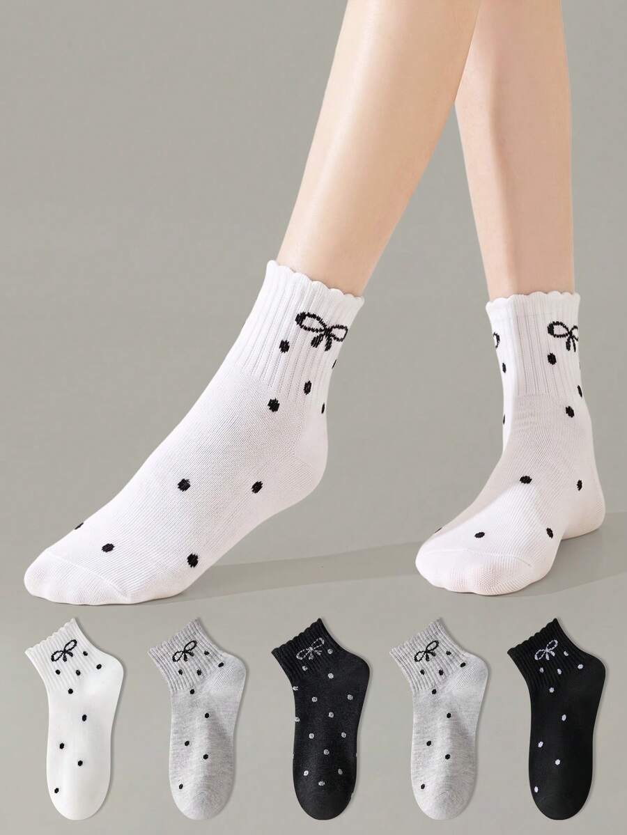 ZUJO 4 Pairs Women's Polka Dot Bow Pattern Lace Trim Mid-Calf Socks, Soft And Breathable, Suitable For All-Season Daily Wear, Random Color - Multicolor - View 1