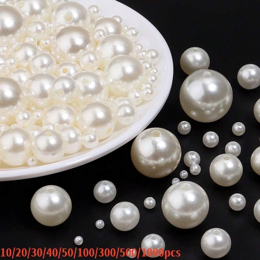 ABS仿珍珠乳白色直孔珠，手工DIY串珠/項鍊/手鍊/婚紗裝飾/衣飾裝飾材料，珠寶製作配件，10/20/30/40/50/100/300/500/1000顆