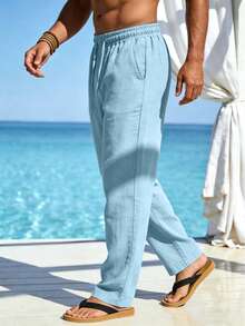 Men's Casual Minimalist Solid Color Pocket Drawstring Light Blue Comfortable Loose Linen Long Pants, Suitable For Spring, Summer, Autumn, Winter - Light Wash - View 4