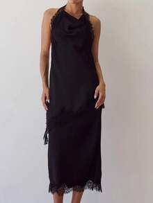 2 Piece Outfit Satin Halter Midi Slip Dress Matching Shrug Eyelash Lace Trim Open Back Cowl Neck Party Evening Set - Black - View 2
