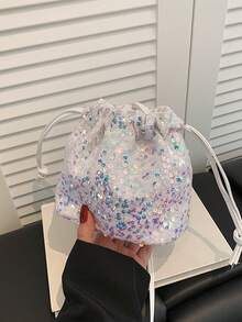 Women's Drawstring Mini Crossbody Bucket Bag, Quilted Pattern Daily Outdoor Bag - White - View 2