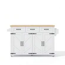 Kitchen Island With Fold-Down Worktop, Equipped With 5 Lockable Casters, 4 Doors, 3 Drawers, Door Shelf, Double-Sided Towel Rails, Barn Style Design, White, 140x43(70)X90.5 Cm. - White - View 8