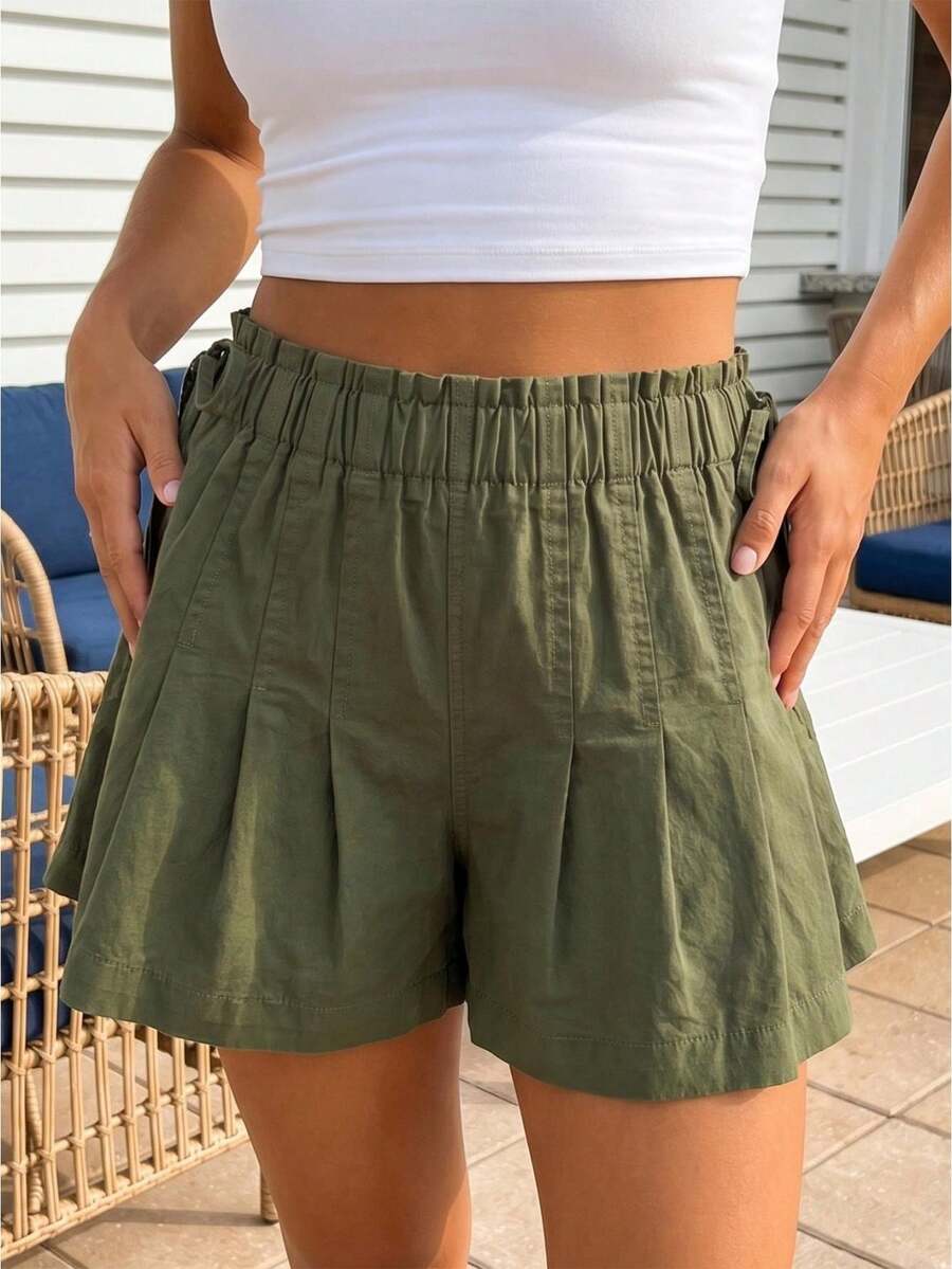 Womens Summer Denim Skorts Casual Loose Fit Stylish Pleated Solid Color Drawstring Elastic Mid Rise Shorts - Army Green - View 1