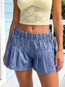 Womens Summer Denim Skorts Casual Loose Fit Stylish Pleated Solid Color Drawstring Elastic Mid Rise Shorts - Baby Blue - View 1