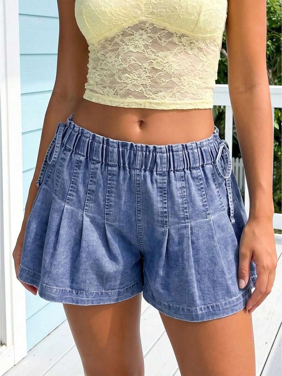 Womens Summer Denim Skorts Casual Loose Fit Stylish Pleated Solid Color Drawstring Elastic Mid Rise Shorts - Baby Blue - View 1