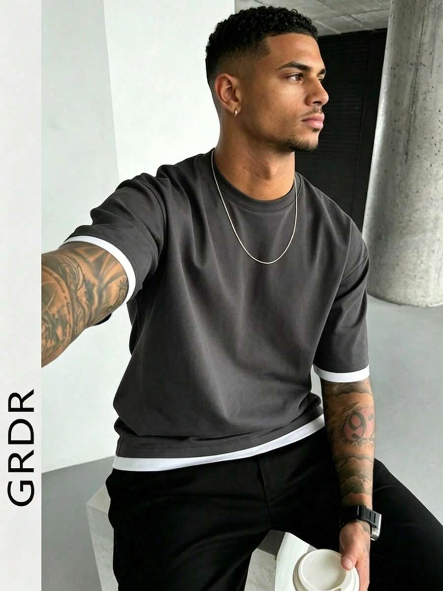 GRDR Herr Klassisk 2-i-1 Rundhalsad Kortärmad T-shirt, Modern Minimalistisk Pendling Mångsidig - Mörkgrå - Visa 1