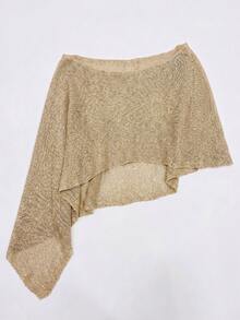 Y2K Boho Khaki Sheer Knit Sun Top, Asymmetrical Off-Shoulder Cropped Sequin Cardigan, Loose Fit For Beach & Summer Festivals - Apricot - View 6