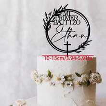 Personalized Christening Cake Topper With Floral Wreath / Custom Christening Cake Topper / Boho Style Floral God Bless Cake Topper / First Holy Communion - C-cake Label B - View 6