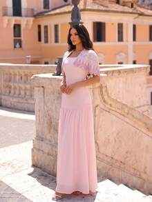 New Heavy Embellished Luxury Diamond Shawl + Bandage Dress 2-Piece Set, Flowing Mesh Skirt, Elegant Glamorous Birthday Party Bandage Dress - Pink - View 4