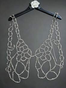 DEKUNER Corrente de corpo Y2K feita à mão com contas pretas em forma de borboleta, top harness de malha de rede oca em camadas, acessório de peito gótico ajustável - Preto - Ver 10