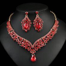 Conjunto de 2 piezas/Set de Collar & Pendientes Nupciales Rojos para Mujer, Combinación Exquisita de Accesorios para Fiesta de Boda - Rojo - Ver 2