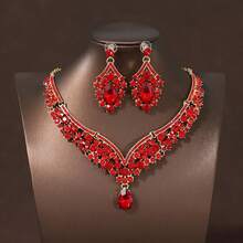 Conjunto de 2 piezas/Set de Collar & Pendientes Nupciales Rojos para Mujer, Combinación Exquisita de Accesorios para Fiesta de Boda - Rojo - Ver 1