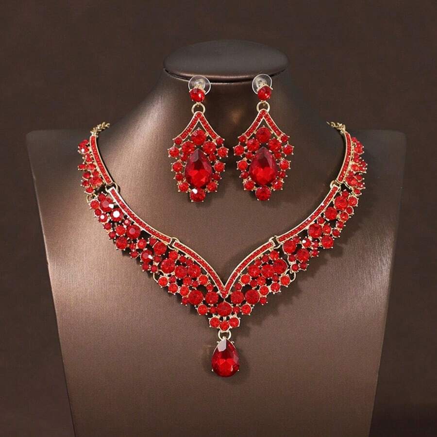Conjunto de 2 piezas/Set de Collar & Pendientes Nupciales Rojos para Mujer, Combinación Exquisita de Accesorios para Fiesta de Boda - Rojo - Ver 1