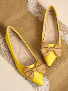 Pointed Toe Low Vamp Bow Flat Shoes, Delicate Satin Texture Soft And High-End, Versatile Shoes. - Bright Yellow - View 2