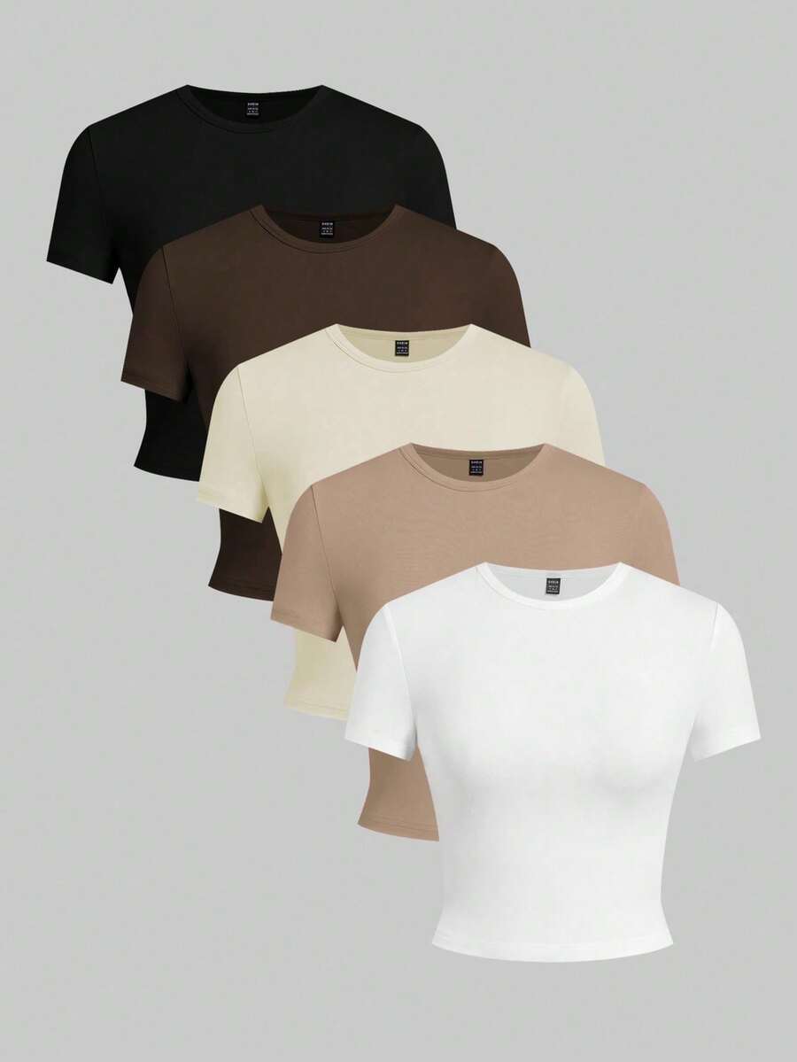 Set de 5 camisetas básicas de unicolor sin mangas ajustadas para mujer - Marrón - Ver 1