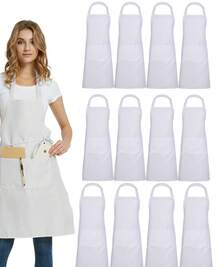 12 Pack Bib Apron,Unisex Black Commercial Apron With 2 Pockets,Unisex Black Plain Aprons With Long Ties,Kitchen Cooking Aprons For Women Men Chef,Painting BBQ Grilling Baking Restaurant,Machine Washable - 白色 - 查看 12