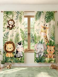 2 buah Tirai Motif Hewan Hutan Utama, Elemen Singa, Gajah, Harimau, Jerapah, Zebra, Model Kantong Batang, Cocok untuk Dekorasi Kamar Tidur dan Ruang Tamu, Tirai Dekoratif. - MultiWarna - View 3