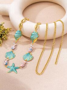 1pc Ocean Style Metal Starfish & Shell Waist Chain, Suitable For Women's Daily Wear And Summer Vacation - Multicolor - View 3