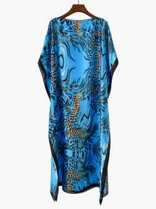 1pc Women's Personalized Tiger Print Faux Silk Pullover Robe Casual Beach Cover-Up For Spring/Summer Satin Shawl, Holiday - Multicolor - View 12