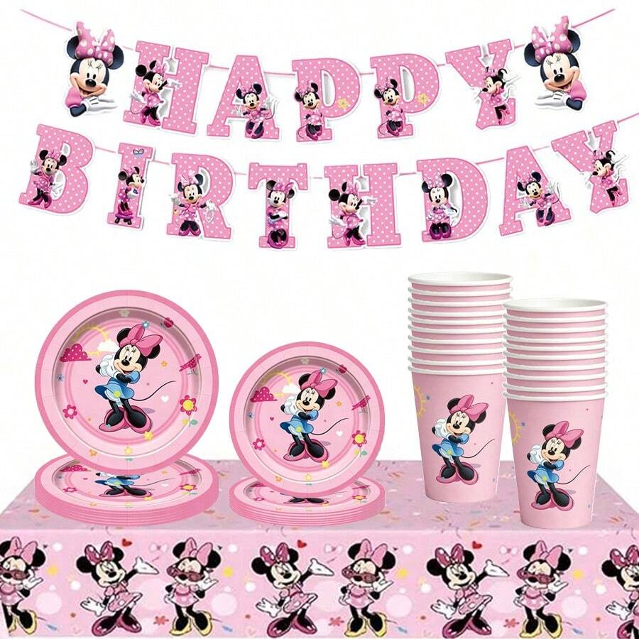 Pink Min.Nie Birthday Party Supplies Set, Happy Birthday Banner, Plates, Cutlery, Suitable For Theme Party Decoration Set - Multicolor - View 1
