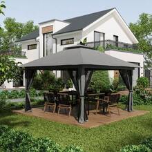 4x4m Folding Pavilion, Collapsible Garden Shelter With UV Protection And Mesh Walls, Double Roof, Weatherproof And Dark Grey - Dark Grey - View 2