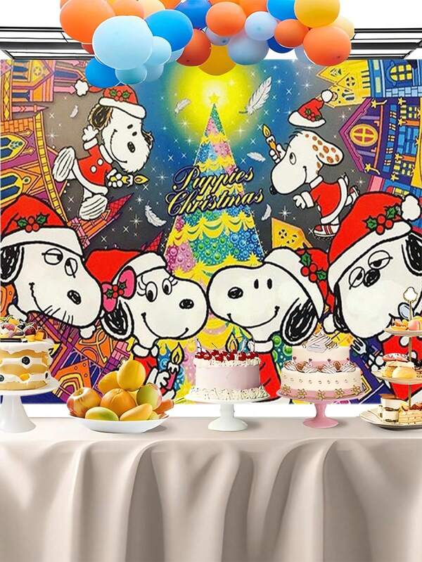 Snoopy Puppies Christmas Fabric Backdrop Banner, Vibrant Colorful City Street Night Sky Background Printed With Multiple Santa Hat Snoopy Family Holding Candle Cartoon Graphic, Glitter Rainbow Christmas Tree & "Puppies Christmas"