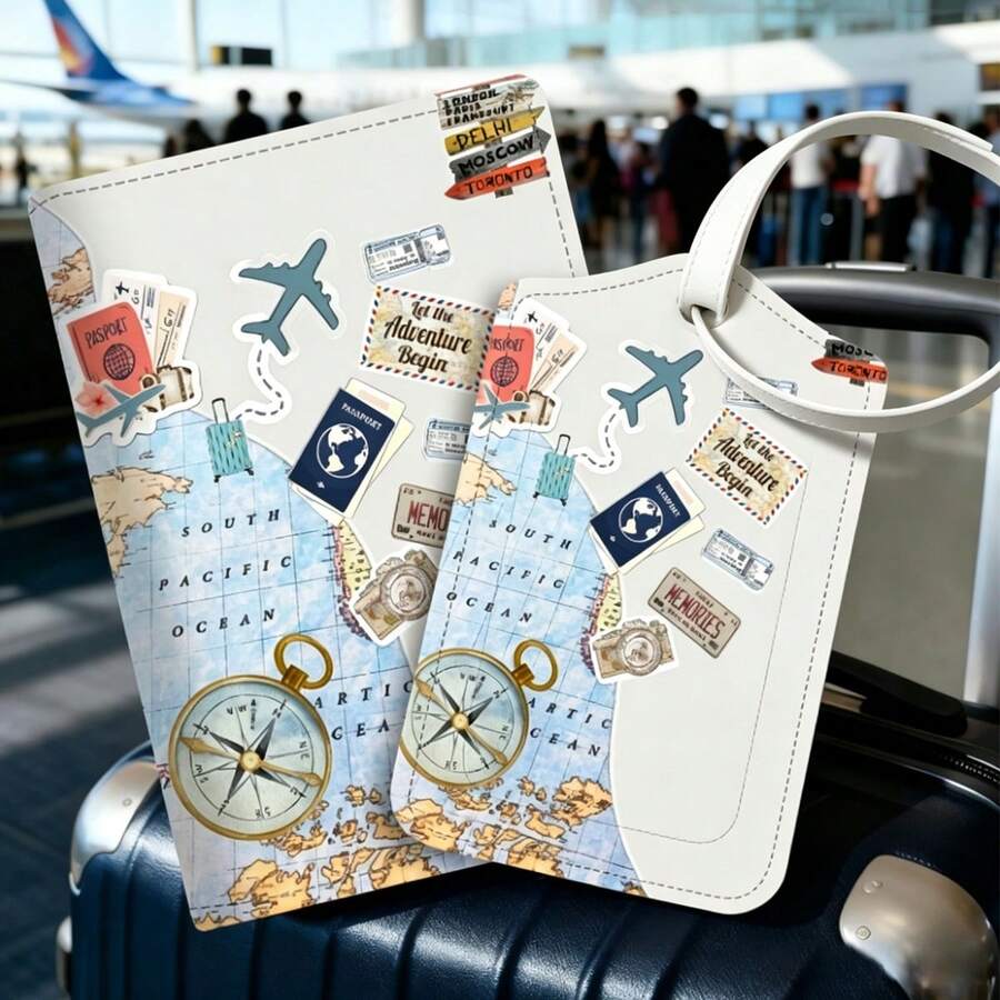 Juego de 2 piezas de Portapasaporte & Etiqueta de equipaje, hecho de material PU ligero, adecuado para bolsas de viaje, mochilas, bolsas de gimnasio, identificación de maletas & pases de abordar - Esencial de viaje, regalo perfecto para Navidad, Pascua & Día de San Valentín - Multicolor - Ver 1