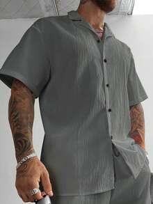 GloMan Old Money Men's Cuban Collar Linen Short Sleeve Shirt,Loose Fit Casual Comfortable Beach Shirt,For Men Vacation,Summer/Autumn,Father/Husband - Grey - View 2