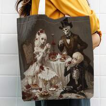 1pc Gothic Victorian Skull Tea Party Tote Bag For Women - Featuring Tassel Trim, Adjustable Wrist Strap And Shoulder Strap Design, Spacious Reusable Shopping Bag, Durable Handbag Washable - Multicolor - View 5