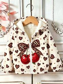 Young Girl Cherry Print Warm Hooded Jacket - Apricot - View 8